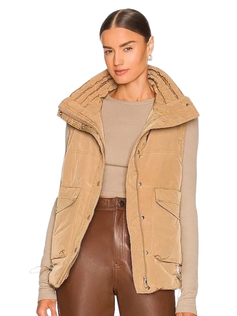 Toast Society Cleo Tan Utility Puffer Vest S/M Funnel Neck Drawcord